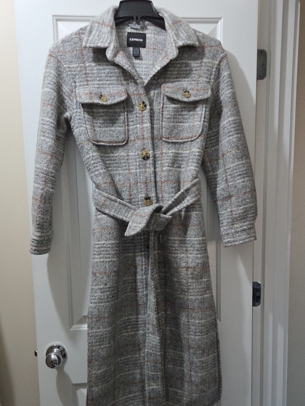 Express Gray Plaid Belted Trench Coat with Tan Accents